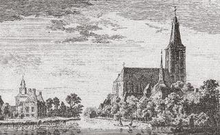 Hertefeld Manor (to the left) and the Sankt Cyriakus church as seen from the North, copperplate etching by P. van Liender from a drawing by Jan de Beijer, 1743.