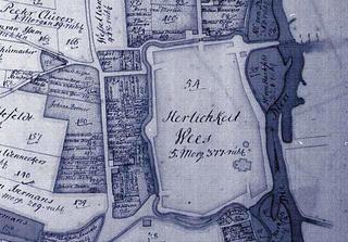Der Ortskern von Weeze war im 17. – 18. Jahrhundert mit einem Erdwall und Gräben umgeben. Ausschnitt aus dem Klevischen Kataster, hier: Herrlichkeit Weeze, Folio 5, 1731/1732.