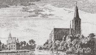 Haus Hertefeld und die Sankt Cyriakus-Kirche von Norden. Kupferstich von P. van Liender nach einer Zeichnung von Jan de Beijer, 1743