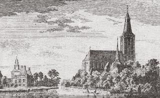 De eerste evangelische kerk (gemarkeerd) uit 1659.