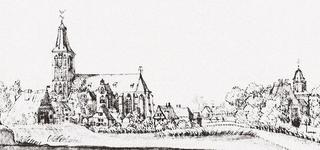 Sankt Cyriakus und Haus Hertefeld von Südosten, Zeichnung von Jan de Beijer, 1743.