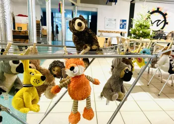 das Bild zeigt Stofftiere an einer Wäscheleine