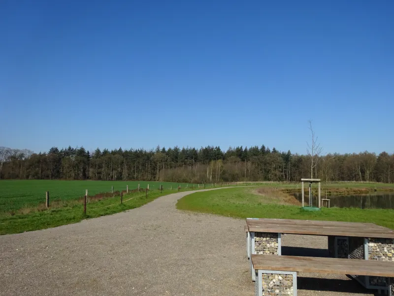 Sitzbank an einem Wanderweg in der grünen Landschaft