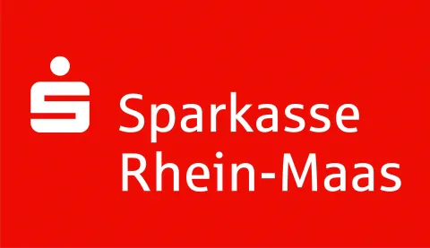 Logo Sparkasse Rhein-Maas Weißer Sparkasse Rhein-Maas Schriftzug auf rotem Hintergrund