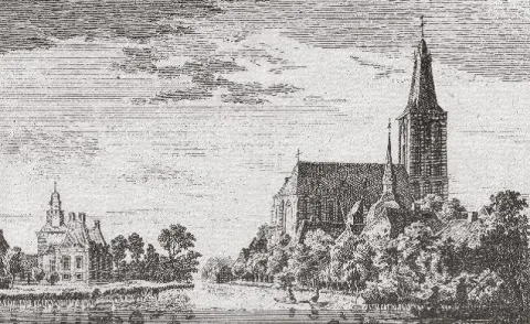 Haus Hertefeld und die Sankt Cyriakus Kirche von Norden Bleistiftzeichnung von Haus Hertefeld und der Sankt Cyriakus Kirche