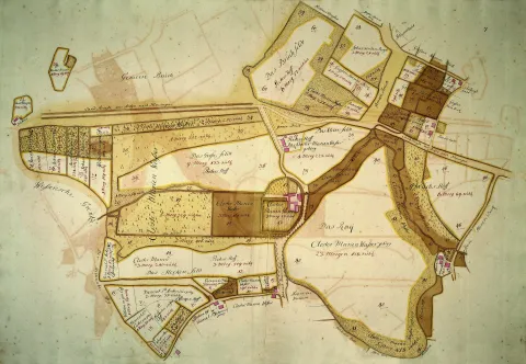 Gebäude und Umgebung um 1732 Kartenansicht des Kloster Marienwasser und Umgebung