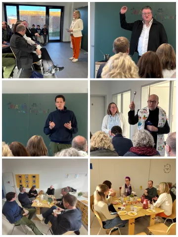 Fotocollage: obere Reihe links - Schulleiterin Frau Schotten steht rechts, links vor ihr sitzen die geladenen Gäste; obere Reihe rechts - der Bürgermeister Herr Koenen spricht eine Rede, vor ihm sitzen die Gäste; mittlere Reihe links - Herr Kobsch vom Anna Stift spricht eine Rede vor den Gästen; mittlere Reihe rechts - Pastorin Gierke und Pastor Niesmann, der den Raum mit Weihwasser segnet; untere Reihe links und rechts - Gäste sitzen am Tisch und essen Brötchen/Kuchen und trinken Kaffee 